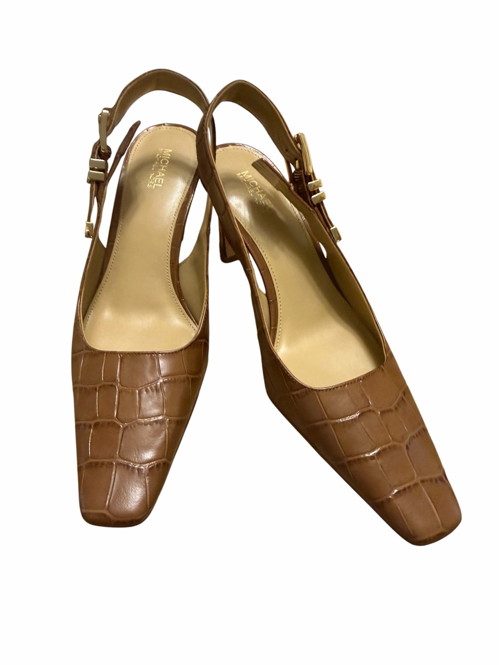 Croc Embossed Slingback Heels Square Toe Cognac Brown Chic Women’s Size 7 MK